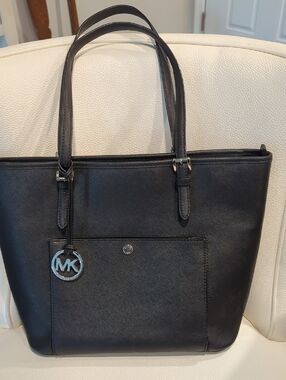 Michael Kors Black Leather Tote with Silver MK Charm